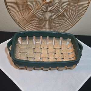 Green and Tan Woven Basket Accent with Textured Design